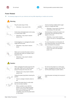 Page 5Major Safety Precautions1-3
Power Related 
 The following images are for your reference and may differ depending on models and countries. 
Warning
Caution
Do not touch.Must be grounded to prevent electric shock. 
Plug the power plug in firmly.
• Otherwise, it may result in fire.Avoid connecting multiple electric appli-
ances to a single wall outlet.
• Otherwise, it may result in fire due to 
overheating of the wall outlet.
Avoid using a damaged power cord or plug 
or a loose power outlet.
• Otherwise, it...