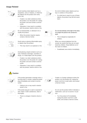 Page 7Major Safety Precautions1-3
Usage Related
Caution
Avoid inserting metal objects such as a 
chopsticks, coins or hairpins, or inflamma-
ble objects into the product (the vents, 
ports, etc).
• If water or an alien substance enters 
the product, turn the power off, unplug 
the power cord and contact a service 
center.
• Otherwise, it may result in a problem 
with the product, electric shock or fire.Do not let children place objects such as 
toys or cookies on the product. 
• If a child tries to reach for...
