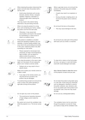 Page 81-3Major Safety Precautions
When cleaning the product, disconnect the 
power cord and clean the product with a 
soft dry cloth.
• Avoid using chemicals such as wax, 
benzene, alcohol, thinner, mosquito-
repellent, fragrance, lubrication or 
cleansing agent when cleaning the 
product.
This may result in the exterior being 
deformed or the print being removed.When a gas leak occurs, do not touch the 
product or the power plug and ventilate 
immediately.
• A spark may result in an explosion or  fire.
•...
