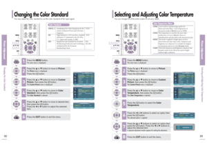 Page 17Selecting and Adjusting Color Temperature You can change tint of the entire screen to suit your needs.
Picture AdjustmentChanging the Color Standard
Picture AdjustmentSelecting and Adjusting Color Temperature 
3233
1
MENUSelect
2, 3, 4, 6, 7
…/†/œ/√8EXIT
2, 3, 4, 5, 6, 7
Press the 
MENU
button.
The main menu is displayed.
1
Press the 
▲or ▼button to move to 
Picture
.
The 
Picture
menu is displayed.
Press the  button.
2
Press the 
▲or ▼button to move to 
Custom
Picture
, then press the  button.
The...