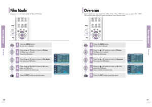 Page 21Film ModeSupports enhanced screen quality for films of 24 frames.
OverscanUsed to display raw input signals from 480p, 576p, 720p, 1080i HD sources or scale to fit to 1280 x
720 resolution after cutting out certain boundaries using software scaling.
Picture AdjustmentFilm Mode
Picture AdjustmentOverscan41
40
1
MENU2, 3, 4Select2, 3, 4…/†5EXIT
1
MENU2, 3, 4Select2, 3, 4…/†5EXIT
Press the 
MENU
button.
The main menu is displayed.
1
Press the 
▲or ▼button to move to 
Picture
.
The 
Picture
menu is...
