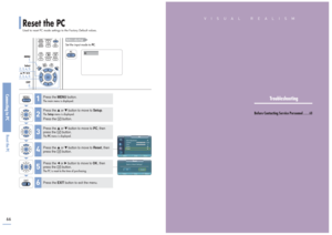 Page 34Connecting to PCReset the PC
Connecting to PCReset the PC67
66
1
MENU
2, 3, 4, 5
Select
2, 3, 4, 5…/†/œ/√
6EXITReset the PCUsed to reset PC mode settings to the Factory Default values.
Before adjusting!Set the input mode to PC.
PC
Press the MENUbutton.The main menu is displayed.
1
Press the ▲or ▼button to move to Setup.The Setupmenu is displayed.Press the  button.
2
Press the ▲or ▼button to move to PC, then
press the  button.The PCmenu is displayed.
3
Press the EXITbutton to exit the menu.
6
Press the...