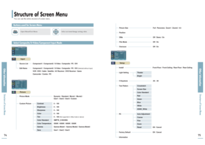 Page 38Picture Size Full / Panorama / Zoom1 / Zoom2 / 4:3
Position
DNIe Off / Demo / On
Film Mode Off / On
Overscan Off / On
Structure of Screen MenuYou can see the entire structure of screen menu. 
Other Information Structure of Screen Menu
Other Information Structure of Screen Menu75
Setup
74
Picture Mode Dynamic / Standard / Movie1 / Movie2 /
User1 / User2 / User3 / CustomOpen Menu/Exit MenuPictureSource List Component1 / Component2 / S-Video / Composite / PC / DVI
Edit Name Component1 / Component2 / S-Video...