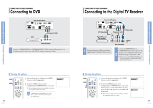 Page 1324Connections and Source SetupConnecting to Video Equipment
Connections and Source SetupConnecting to Video Equipment
S-VIDEO OUTCOMPONENT VIDEO OUT AUDIO OUT
25
Connect antenna cable to antenna
signal input terminal of the receiver.
1
Connect 
COMPONENT1
or
COMPONENT2
(Y/P
b/Pr) port of the
projector to Component port of the
receiver
using Component Cable.
■If the receiver has 
DVI
or PC OUT
port,
you can connect it to 
DVI
or PC
input
port of the projector. 
2
Turn on the projector and press the...
