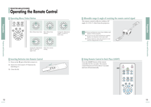 Page 7PreparationProjector and Accessories12
PreparationProjector and Accessories13
The remote control is effective within a 30°
angle 23~33 ft (7~10m) from the projector.CAUTION
■Keep used batteries away from children and
dispose of them properly.■Do not use new and used batteries together.
Replace two batteries at the same time.■Remove batteries when the projector is not
used for long periods of time.
Press the 
LIGHT
button of the remote
controller for five seconds. The remote
control buttons are lit for...