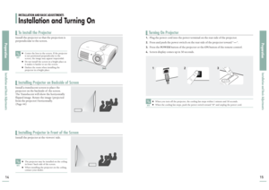 Page 814
PreparationInstallation and Basic Adjustments15
1.
Plug the power cord into the power terminal on the rear side of the projector.
2.
Press and push the power switch on the rear side of the projector toward 
-.
3.
Press the 
POWER
button of the projector or the 
ON
button of the remote control.
4.
Screen display comes up in 30 seconds.
NOTE
■The projector may be installed on the ceiling
in front / back side of the screen.■When installing the projector on the ceiling,
contact your dealer.
Install the...