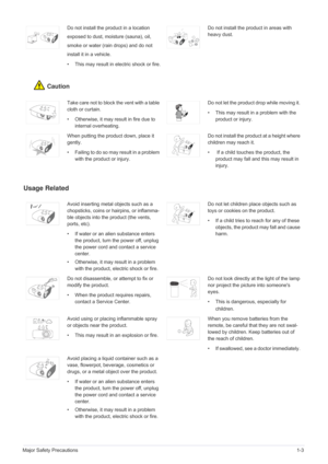 Page 7Major Safety Precautions1-3
Caution
Usage Related
Do not install the product in a location 
exposed to dust, moisture (sauna), oil, 
smoke or water (rain drops) and do not 
install it in a vehicle.
• This may result in electric shock or fire.Do not install the product in areas with 
heavy dust.
Take care not to block the vent with a table 
cloth or curtain.
• Otherwise, it may result in fire due to 
internal overheating.Do not let the product drop while moving it. 
• This may result in a problem with the...