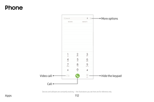 Page 120112
Apps
Phone
Devices and software are constantly evolving — the illustrations you see here are for reference only.
Call
Hide the keypad More optionsVideo call 