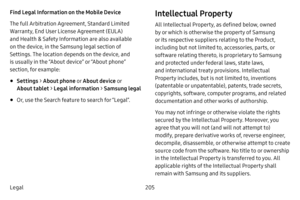 Page 213205
Legal Find Legal Information on the Mobile Device 
The full Arbitration Agreement, Standard Limited 
Warranty, End User License Agreement (EULA) 
and Health & Safety Information are also available 
on the device, in the Samsung legal section of 
Settings. The location depends on the device, and 
is usually in the “About device” or “About phone” 
section, for example:
• Settings  > About phone  o r About device  o r 
About  tablet  > Legal  information  > Samsung legal
• Or, use the Search feature to...