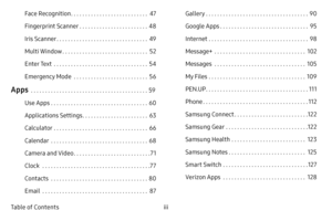 Page 4iii Table of ContentsFace Recognition
  . . . . . . . . . . . . . . . . . . . . . . . . . . .47
Fingerprint Scanner
  . . . . . . . . . . . . . . . . . . . . . . . .48
Iris Scanner
  . . . . . . . . . . . . . . . . . . . . . . . . . . . . . . . .49
Multi Window
  . . . . . . . . . . . . . . . . . . . . . . . . . . . . . .52
Enter Text
  . . . . . . . . . . . . . . . . . . . . . . . . . . . . . . . . .54
Emergency Mode 
  . . . . . . . . . . . . . . . . . . . . . . . . . .56
Apps  . . . . . . . . . . . ....