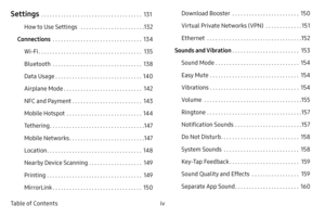 Page 5iv Table of Contents
Settings  . . . . . . . . . . . . . . . . . . . . . . . . . . . . . . . . . . . .131
How to Use Settings 
  . . . . . . . . . . . . . . . . . . . . . . .132
Connections
  . . . . . . . . . . . . . . . . . . . . . . . . . . . . . . . .134
Wi-Fi
  . . . . . . . . . . . . . . . . . . . . . . . . . . . . . . . . . . . . .135
Bluetooth
  . . . . . . . . . . . . . . . . . . . . . . . . . . . . . . . .138
Data Usage
  . . . . . . . . . . . . . . . . . . . . . . . . . . . . . . .140
Airplane...