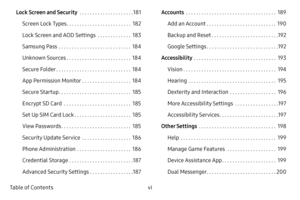 Page 7vi Table of ContentsLock Screen and Security 
  . . . . . . . . . . . . . . . . . . . . .181
Screen Lock Types
  . . . . . . . . . . . . . . . . . . . . . . . . .182
Lock Screen and AOD Settings
  . . . . . . . . . . . . .183
Samsung Pass
  . . . . . . . . . . . . . . . . . . . . . . . . . . . .184
Unknown Sources
  . . . . . . . . . . . . . . . . . . . . . . . . .184
Secure Folder
  . . . . . . . . . . . . . . . . . . . . . . . . . . . . .184
App Permission Monitor
  . . . . . . . . . . . . . . . . . ....