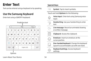 Page 62Learn About Your Device54
Enter Text
Text can be entered using a keyboard or by speaking.
Use the Samsung Keyboard
Enter text using a QWERTY keyboard.
Predictive text
Options
Special Keys
Symbol: Tap to insert symbols.
Touch and hold  Options for the following:
Voice input: Enter text using Samsung voice 
input.
Handwriting: Use your handwriting to enter 
text.
Live message: Record an animated drawing 
or written message.
Clipboard: Access the clipboard.
Emoticon: Insert an emoticon at the 
cursor...