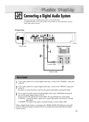 Page 2929
Connecting a Digital Audio System
There are many types of digital audio systems on the market today.
A simplified illustration of an audio system is shown below. For more information, see your
audio system owner’s manual.
If your audio system has a coaxial digital audio input, connect to the “COAXIAL” output jack 
on the TV.
If your audio system has a optical digital audio input, connect to the “OPTICAL“ output jack 
on the TV.
Be certain to remove the black cover from the optical output before...