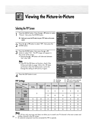 Page 5858
Viewing the Picture-in-Picture
Selecting the PIP Screen
1
Press the MENU button. Press the ▲or ▼button to select
“Picture”, then press the ENTER button. 
2
Press the ▲or ▼button to select “PIP”, then press the
ENTER button. 
3
Press the ENTER button, then press the ▲or ▼
button to select “On”. The PIP image will appear in 
the corner of the screen.
•Pressing the ▲or ▼button will alternate between 
“On” and “Off”.
Note
•If the PIP On/Off does not function, check if the 
V-Chip Lock (refer to page 125)...