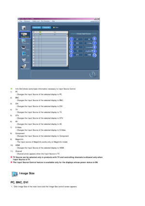 Page 40 
 
 
Info Grid shows some basic information necessary to Input Source Control.
1) PC  - Changes the Input Source of the selected display to PC.
2) BNC  - Changes the Input Source of the selected display to BNC.
3) DVI  - Changes the Input Source of the selected display to DVI.
4) TV  -Chan
ges the Input Source of the selected display to TV. 
5) DTV  -Chan
ges the Input Source of the selected display to DTV. 
6) AV  -Chan
ges the Input Source of the selected display to AV. 
7) S-Video  - Changes the...