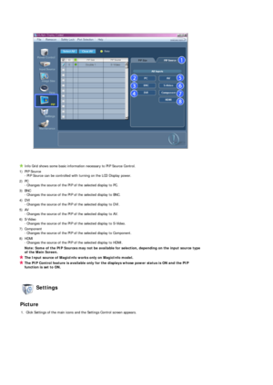 Page 45 
 
 
Info Grid shows some basic information necessary to PIP Source Control.
1) PIP Source   - PIP Source can be controlled with turning on the LCD Display power. 
2) PC   - Changes the source of the PIP of the selected display to PC. 
3) BNC   - Changes the source of the PIP of the selected display to BNC. 
4) DVI   - Changes the source of the PIP of the selected display to DVI. 
5) AV   - Changes the source of the PIP of the selected display to AV. 
6) S-Video   - Changes the source of the PIP of the...