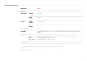 Page 143143
Model NameUD46C-B
Display Color16.7 M
SynchronizationHorizontal 
Frequency30 ~ 81 kHz
Vertical 
Frequency56 ~ 85 Hz
ResolutionOptimum 
resolution1920 x 1080 @ 60 Hz
Maximum 
resolution1920 x 1080 @ 60 Hz
Maximum Pixel Clock148.5 MHz 
Power SupplyThis product uses 100 to 240V. Refer to the label at the back of the product as the standard voltage can vary in different 
countries.
Signal connectorsInputPC, DVI, AV, Component, HDMI1, HDMI2, Audio In, RJ45, RS232C IN, External Ambient Sensor,...