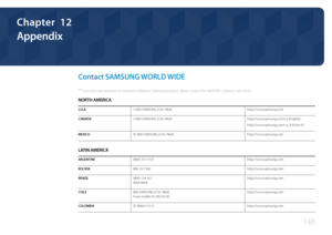 Page 148148
Appendix
Chapter  12
Contact SAMSUNG WORLD WIDE
 ―If you have any questions or comments relating to Samsung products, please contact the SAMSUNG customer care center.
NORTH AMERICA
U.S.A1-800-SAMSUNG (726-7864) http://www.samsung.com
CANADA1-800-SAMSUNG (726-7864)http://www.samsung.com/ca (English)
http://www.samsung.com/ca_fr (French)
MEXICO01-800-SAMSUNG (726-7864)http://www.samsung.com
LATIN AMERICA
ARGENTINE0800-333-3733http://www.samsung.com
BOLIVIA800-10-7260http://www.samsung.com...