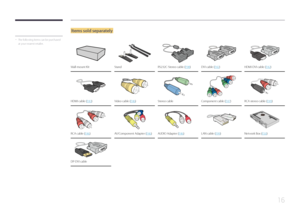 Page 1616
Items sold separately
 -The following items can be purchased 
at your nearest retailer.
Wall-mount KitStandRS232C-Stereo cable (P. 98)DVI cable (P.42)HDMI-DVI cable (P. 42)
HDMI cable (P.43)Video cable (P. 46) Stereo cableComponent cable (P. 47)RCA stereo cable (P.49)
RCA cable (P.46)AV/Component Adapter (P. 46)AUDIO Adapter (P.46)LAN cable (P.99)Network Box (P. 50)
DP-DVI cable     