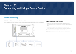 Page 4343
Connecting and Using a Source Device
Chapter  03
Before Connecting
Check the following before you connect this product with other devices.
Devices that can be connected to this product include PCs, camcorders, speakers, set top boxes and DVD/Blu-ray Disc players.Pre-connection Checkpoints
 ―Before connecting a source device, read the user manual provided with it.
The number and locations of ports on source devices may differ from device to 
device.
 ― Do not connect the power cable until all...