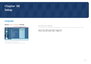 Page 8282
Setup
Chapter  08
Language
MENU m : T  Setup   Language  ENTER 
Move Enter Return
Language   : 한국어
Time 
Menu Transparency :  투명하게
Safety Lock
Energy Saving :  해제
Video Wall
Safety Screen
Setup
Setup
▶More
English
Deutsch
Español
Français
Italiano
Svenska
Русский
Português
 -
The displayed image may differ depending on the model.
You can choose one of 14 languages.
 ―
The language chosen affects only the language of the OSD. It has no effect on any software running on the computer.     