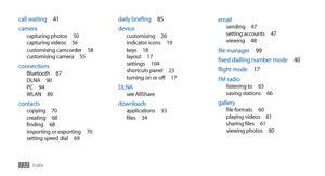 Page 132Index132
emailsending 47
setting accounts  47
viewing  48
file manager  99
fixed dialling number mode  40
flight mode  17
FM radio
listening to  65
saving stations  66
galleryfile formats  60
playing videos  61
sharing files  61
viewing photos  60
daily briefing  85
device
customising  26
indicator icons  19
keys  18
layout  17
settings  104
shortcuts panel  23
turning on or off  17
DLNAsee AllShare
downloadsapplications  33
files  34
call waiting  41
camera
capturing photos  50
capturing videos  56...