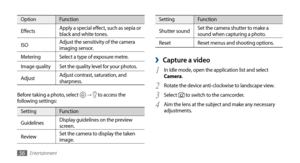 Page 56Entertainment56
SettingFunction
Shutter sound Set the camera shutter to make a 
sound when capturing a photo.
Reset Reset menus and shooting options.
Capture a video ›
1 In Idle mode, open the application list and select 
Camera.
Rotate the device anti-clockwise to landscape view.
2 
Select 3  to switch to the camcorder.
Aim the lens at the subject and make any necessary 
4 adjustments.
Option Function
Effects Apply a special effect, such as sepia or 
black and white tones.
ISO Adjust the sensitivity of...