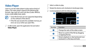 Page 59Entertainment59
Select a video to play.2 
Rotate the device anti-clockwise to landscape view.3 
Control playback with the following keys:4 
 2 
 3 
 1 
 4 
 6 
 7 
 5 
 8 
NumberFunction
 1 Change the ratio of the video screen.
 2 Move to a point of the file by dragging 
or tapping the bar.
 3 Restart playback or skip backward; Scan 
backward in a file (tap and hold).
Video Player
Learn to use the video player to play various kinds of 
videos. The video player supports the following file 
formats: 3gp,...