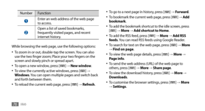 Page 76Web76
To go to a next page in history, press [•	] → Forward.
To bookmark the current web page, press [•	]  → Add 
bookmark.
To add the bookmark shortcut to the idle screen, press   
•	[] → More → Add shortcut to Home.
To add the RSS feed, press [•	] →  More → Add RSS 
feeds. You can read RSS feeds using Google Reader.
To search for text on the web page, press [
•	] →  More → Find on page.
To view the web page details, press [•	] →  More → 
Page info.
To send the web address (URL) of the web page to 
•...