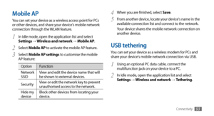 Page 93Connectivity93
When you are finished, select 4 Save.
From another device, locate your device's name in the 
5 available connection list and connect to the network.
Your device shares the mobile network connection on 
another device.
USB tethering
You can set your device as a wireless modem for PCs and 
share your device's mobile network connection via USB.
Using an optional PC data cable, connect the 
1 multifunction jack on your device to a PC.
In Idle mode, open the application list and select...