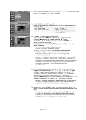 Page 111Français-50
3.L'écran "V-Chip" s'affiche. Appuyez sur les boutons ou pour sélectionner “Contrôle
parental TV”, puis appuyez sur le bouton ENTER.
4.L'écran "Contrôle parental TV" apparaît.
Utilisez les boutons ou pour sélectionner l'une des six catégories établies en 
fonction de l'âge :
5.A ce stade, une des évaluations TV est choisie.
Appuyez sur le bouton ENTER. En fonction de la configuration choisie, 
un symbole     est sélectionné. (Espace = débloqué,      =...