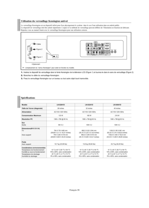 Page 119Français-58
1.Insérez le dispositif de verrouillage dans la fente Kensington de la télévision LCD (Figure 1) et tournez-le dans le sens de verrouillage (Figure 2).
2.Branchez le câble du verrouillage Kensington.
3.Fixez le verrouillage Kensington sur un bureau ou tout autre objet lourd inamovible.
Utilisation du verrouillage Kensington antivol
Le verrouillage Kensington est un dispositif utilisé pour fixer physiquement le système  dans le cas d’une utilisation dans un endroit public. 
Le dispositif de...