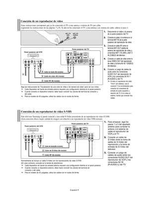 Page 129Español-9
Conexión de un reproductor de vídeo
Estas instrucciones presuponen que ya ha conectado el TV a una antena o sistema de TV por cable
(siguiendo las instrucciones de las páginas 7 a 8). Si aún no ha conectado el TV a una antena o un sistema de cable, sáltese el paso 1.
1.Desconecte el cable o la antena
de la parte posterior del TV.
2.Conecte el cable o la antena en el 
terminal ANT IN de la parte 
posterior del reproductor de vídeo.
3.Conecte el cable RF entre el
terminal ANT OUT (salida de...