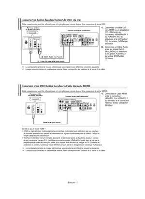 Page 114Français-12
Connecter un boîtier décodeur/lecteur de DVD via DVICette connexion ne peut être effectuée que si le périphérique externe dispose d'un connecteur de sortie DVI.
1.
Connectez un câble DVI
vers HDMI ou un adaptateur
DVI-HDMI entre le 
connecteur HDMI/DVI IN 1
ou HDMI/DVI IN 2 du
téléviseur et le connecteur
DVI du lecteur DVD/boîtier
décodeur.
2.
Connectez un Câble Audio
entre les prises DVI IN 
[R-AUDIO-L] du téléviseur
et les prises AUDIO OUT
du lecteur DVD/boîtier
décodeur.
Panneau...