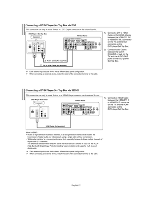 Page 14English-12
Connecting a DVD Player/Set-Top Box via DVI
This connection can only be made if there is a DVI Output connector on the external device.
1.Connect a DVI to HDMI
Cable or DVI-HDMI Adapter
between the HDMI/DVI IN 1
or HDMI/DVI IN 2 connector
on the TV and the DVI 
connector on the 
DVD player/Set-Top Box.
2.Connect Audio Cables
between the DVI IN 
[R-AUDIO-L] jack on the 
TV and the AUDIO OUT
jacks on the DVD player/
Set-Top Box.
DVD Player / Set-Top Box
TV Rear Panel
Audio Cable (Not supplied)...