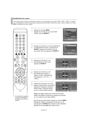 Page 139Français-37
Identification des canauxCette fonction permet d'assigner un identificateur simple à un canal analogique (par exemple “CBS”, “ESPN”, “PBS2” ou “CNN02”, 
etc.). Un identificateur consiste en cinq champs comprenant chacun une lettre, un chiffre ou un blanc. Lorsqu’on appuie sur la toucheINFO
, l’identificateur de canal s’affiche.
1
Appuyez sur la touche 
MENU
.
Appuyez sur la touche  ou  pour choisir
“Chaîne”, puis sur 
ENTER
.
2
Appuyez sur la touche  ou  pour sélectionner 
le...