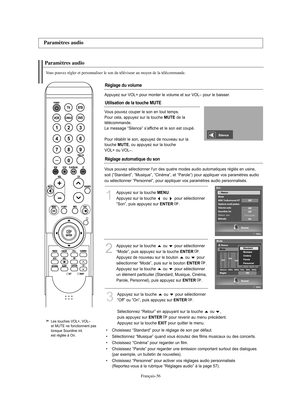 Page 158Français-56
Paramètres audioVous pouvez régler et personnaliser le son du téléviseur au moyen de la télécommande.
1
Appuyez sur la touche 
MENU
.
Appuyez sur la touche  ou  pour sélectionner
“Son”, puis appuyez sur 
ENTER
. 
2
Appuyez sur la touche  ou  pour sélectionner 
“Mode”, puis appuyez sur la touche 
ENTER
.
Appuyez de nouveau sur le bouton  ou  pour 
sélectionner “Mode”, puis sur le bouton 
ENTER
.
Appuyez sur la touche  ou  pour sélectionner 
un élément particulier (Standard, Musique, Cinéma,...