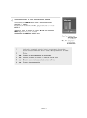 Page 180Français-78
4
Appuyez sur la touche  ou  pour entrer une restriction appropriée.
Appuyez sur la touche 
ENTER
pour activer la restriction sélectionnée.
Le symbole “ ” s’affiche.
Pour déverrouiller des éléments verrouillés, appuyez de nouveau sur le bouton
ENTER
.
Sélectionnez “Retour” en appuyant sur la touche  ou  , puis appuyez sur 
ENTER
pour revenir au menu précédent.
Appuyez sur la touche 
EXIT
pour quitter le menu.
Perm. Tout  : Appuyez pour 
déverrouiller toutes 
les classifications.
Bloq. Tout :...