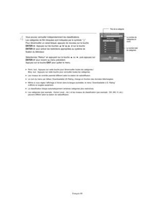 Page 182Français-80
4
Vous pouvez verrouiller indépendamment les classifications. 
Les catégories de film bloquées sont indiquées par le symbole “ ”. 
Pour déverrouiller un canal bloqué, appuyez de nouveau sur la touche ENTER
. Appuyez sur les touches  / /
/
et sur la touche 
ENTER
pour activer les restrictions appropriées au système de  classi-
fication du téléviseur.
Sélectionnez “Retour” en appuyant sur la touche  ou  , puis appuyez sur 
ENTER
pour revenir au menu précédent.
Appuyez sur la touche 
EXIT
pour...