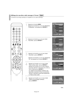 Page 185Français-83
Affichage des sous-titres codés (messages à l’écran)
1
Appuyez sur la touche 
MENU
.          
Appuyez sur la touche  ou  pour sélectionner
“Configuration”, puis appuyez sur 
ENTER
.
2
Appuyez sur la touche  ou  pour choisir 
“Sous-titres”, puis sur 
ENTER
.
3
Appuyez sur la touche  ou  pour choisir
“Sous-titres”, puis sur 
ENTER
.
Appuyez sur la touche  ou  pour sélectionner
“On”, puis appuyez sur la touche ENTER
.
4
Appuyez sur la touche  ou  pour choisir
“Mode ss-titres codés”, puis sur...