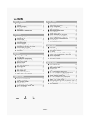 Page 3Symbol Press Note
Contents
GENERAL INFORMATION
List of Features ...................................................@................................ 3
Accessories ...................................................@...................................... 3
Viewing the Control Panel...................................................@................ 4
Viewing the Connection Panel ...................................................@......... 5
Remote Control...