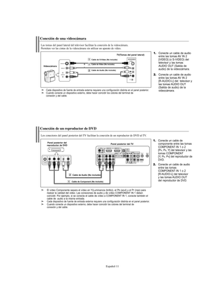 Page 213Español-11
Conexión de una videocámara
Las tomas del panel lateral del televisor facilitan la conexión de la videocámara.
Permiten ver las cintas de la videocámara sin utilizar un aparato de vídeo.
1.Conecte un cable de audio
entre las tomas AV IN 2
[VIDEO] (o S-VIDEO) del
televisor y las tomas 
AUDIO OUT (Salida de
audio) de la videocámara.
VideocámaraTV(Tomas del panel lateral)
2.Conecte un cable de audio
entre las tomas AV IN 2
[R-AUDIO-L] del  televisor y
las tomas AUDIO OUT
(Salida de audio) de la...