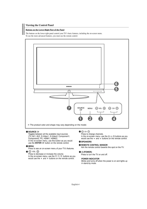 Page 6English-4
Viewing the Control Panel 
SOURCE Toggles between all the available input sources
(TV, AV1, AV2, S-Video1, S-Video2, Component1,
Component2, PC, HDMI1, HDMI2). 
In the on-screen menu, use this button as you would
use the 
ENTER button on the remote control.
MENUPress to see an on-screen menu of your TV’s features.
Press to decrease or increase the volume.
In the on-screen menu, use the  buttons as you
would use the 
and buttons on the remote control.Press to change channels.  
In the...