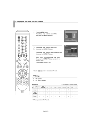 Page 52English-50
Changing the Size of the Sub (PIP) Picture
1
Press the MENUbutton.
Press the  or  button to select “PIP”, 
then press the 
ENTERbutton.
2
Press the  or  button to select “Size”, 
then press the 
ENTERbutton.
Press the  or  button to select a size you want,
then press the 
ENTERbutton.
Select “Return” by pressing the  or  button,
then press the 
ENTERbutton to return to the
previous menu.
Press the 
EXITbutton to exit.
Double (       ,       ) mode is not available in PC mode.
PIP is only...