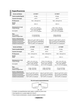 Page 177
Español - 
Especificaciones
Giro del soporte (izquierda/derecha)
-20˚ ~ 20˚
El diseño y las especificaciones están sujetos a cambios sin previo aviso.
Este dispositivo es un aparato digital de la Clase B.
Para la fuente de alimentación, consulte la etiqueta pegada al producto.
nombre del modeloln-t406fln-t466f
tamaño de pantalla (diagonal)40 pulg.46 pulg.
Consumo de energía245 W265 W
PC resolución1920 x 1080 @ 60 Hz1920 x 1080 @ 60 Hz
sonido Salida 10W X 2 10W X 2
dimensiones (an x...