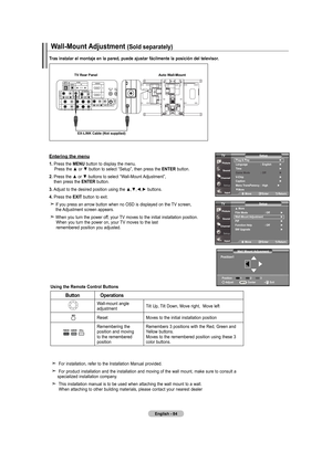 Page 86
English - 4
tras instalar el montaje en la pared, puede ajustar fácilmente la posición del televisor.
using the  remote Control Buttons
 For installation, refer to the Installation Manual provided.
 For product installation and the installation and moving of the wall mount, make sure to consult a specialized installation company.
 This installation manual is to be used when attaching the wall mount to a wall.  When attaching to other building materials, please contact your nearest dealer
Button...