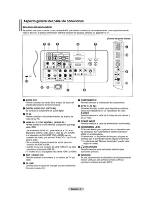 Page 94
Español - 4
aspecto general del panel de conexiones
Conectores del panel posterior
Se pueden usar para conectar componentes de A/V que estarán conectados permanentemente, como reproductores de vídeo o de DVD. Si precisa información sobre la conexión de equ\
ipos, consulte las páginas 6 a 11.
1	audIo out 
    Permite conectar las tomas de la entrada de audio del 
amplificador/sistema de Home Cinema.
2 dIGItal  audIo  out (oPtICal)  
  Se conecta al componente de audio digital.
3 PC In 
    Permite...