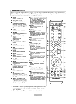 Page 95
Español - 5
mando a distancia 
Puede usar el mando a distancia desde una distancia máxima de alreded\
or de 7 metros desde el TV. Cuando utilice el mando a distancia, señalé siempre directamente hacia el TV. También puede utilizar el mando a distancia para hacer funcionar el aparato de vídeo, el decodificador, el reproductor de DVD o el receptor de TV digital. 
  
Es un mando a distancia especial para personas con discapacidades visuales; presenta puntos Braille en los botones de encendido, de canales,...