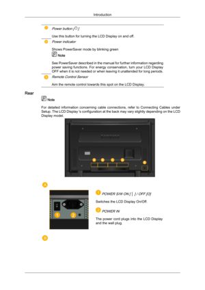 Page 13Power button []
Use this button for turning the LCD Display on and off.
Power indicator
Shows PowerSaver mode by blinking green Note
See PowerSaver described 
 in the manual for further information regarding
power  saving  functions.  For  energy  conservation,  turn  your  LCD  Display
OFF when it is not needed or when leaving it unattended for long periods.
Remote Control Sensor
Aim the remote control towards this spot on the LCD Display. Rear
 Note
For  detailed 

information  concerning  cable...